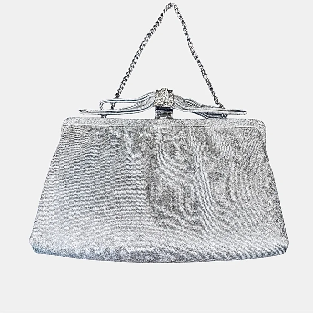 After Five Vintage Embellished Elegant Silver Metallic Clutch With Rhinestones